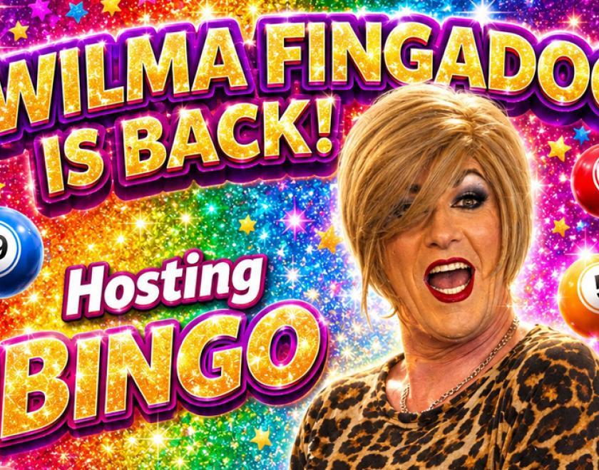 AI poster with a drag queen and various bingo balls in the background