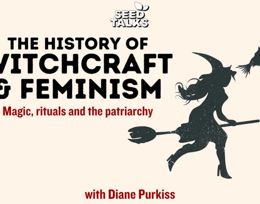 Silhouette of a witch next to the title  The History of Witchcraft and Feminism
