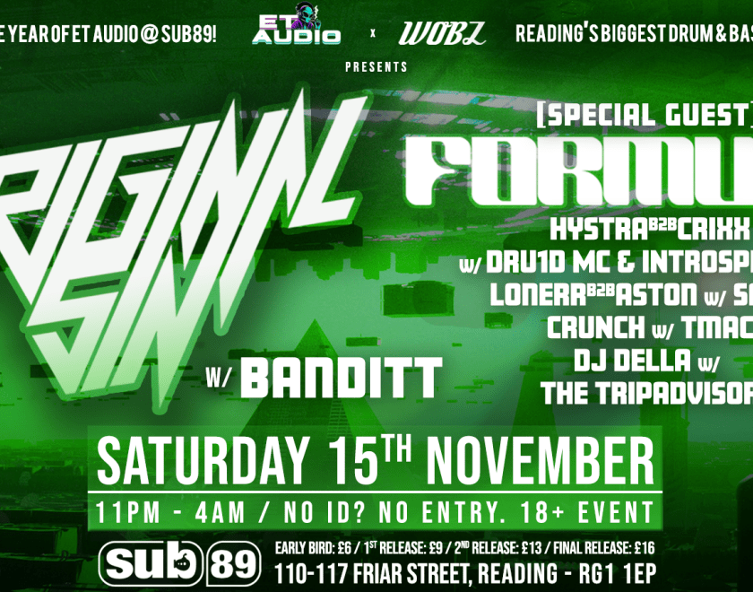 ET Audio x WOBZ Presents: ORIGINAL SIN + FORMULA against a vibrant green background