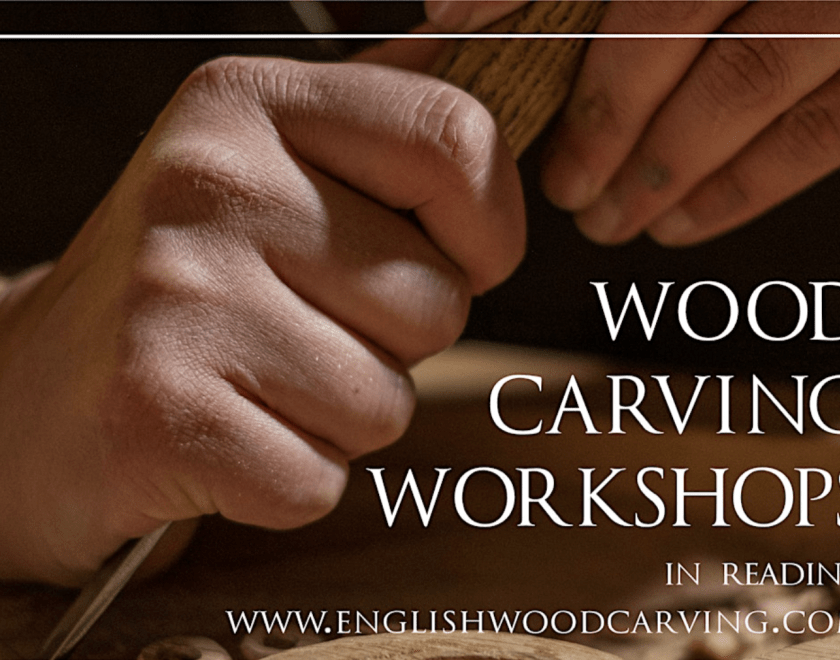 Wood Carving Workshops written over a close up of wood carving