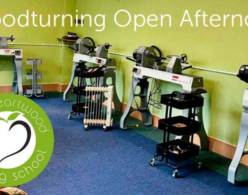 Love Heartwood Turning School interior showing 4 lathes and sets of tools.