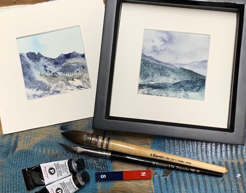 Watercolours by Linda Saul with brushes and paint