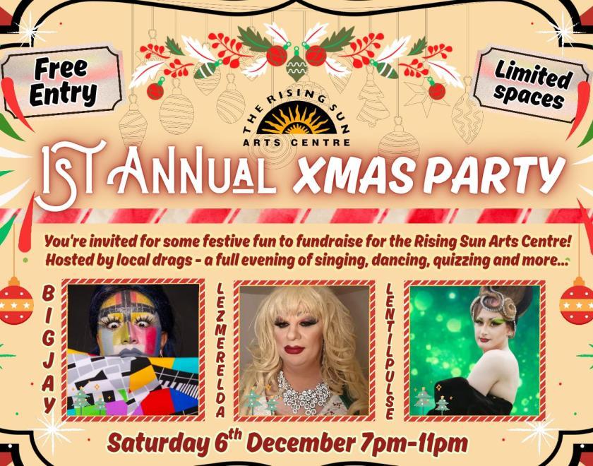 Poster for 1st Annual Xmas Party with headshots of drag performers and details of the event