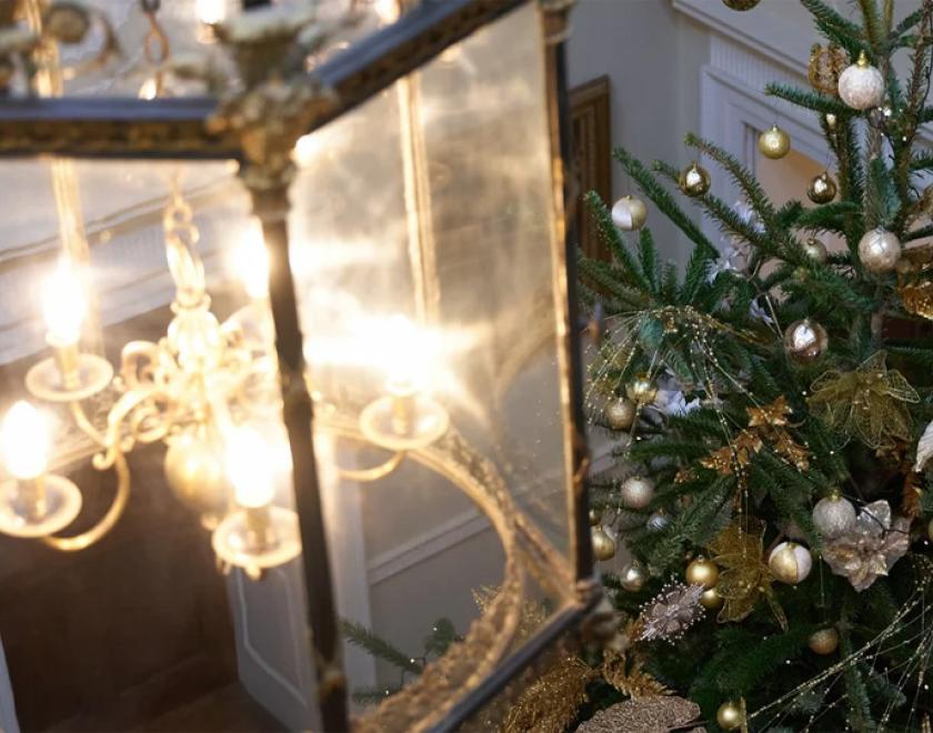 A Christmas view from the staircase at Basildon Park