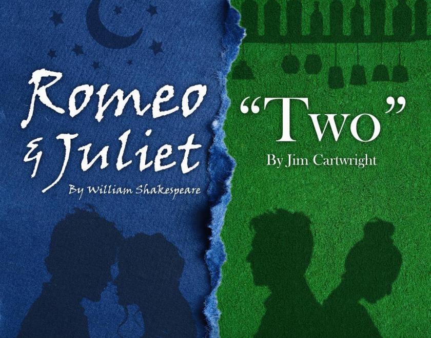 Poster for double bill of Romeo and Juliet by William Shakespeare and Two by Jim Cartwright, featuring two silhouetted pairs of people