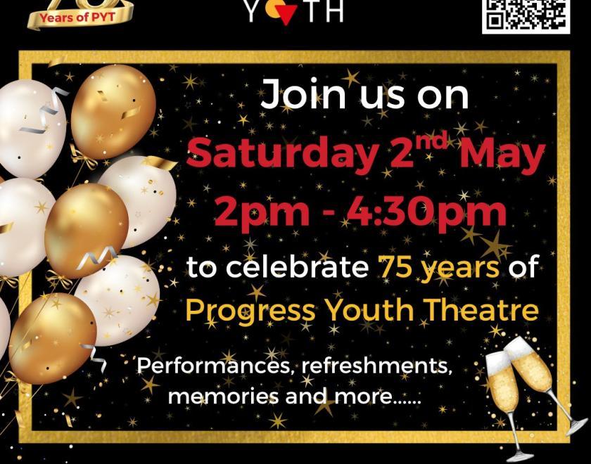 Poster for Progress Youth 75th Anniversary Afternoon with balloons and info about the event